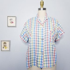 Vintage plaid button up short sleeve blouse